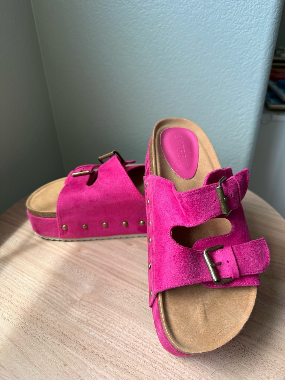 Fuchsia Suede Double-Buckle Platform Mules
